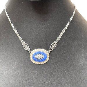 Vtg Egyptian Revival Art Deco Sterling Silver Necklace Blue Oval Filagree Chain